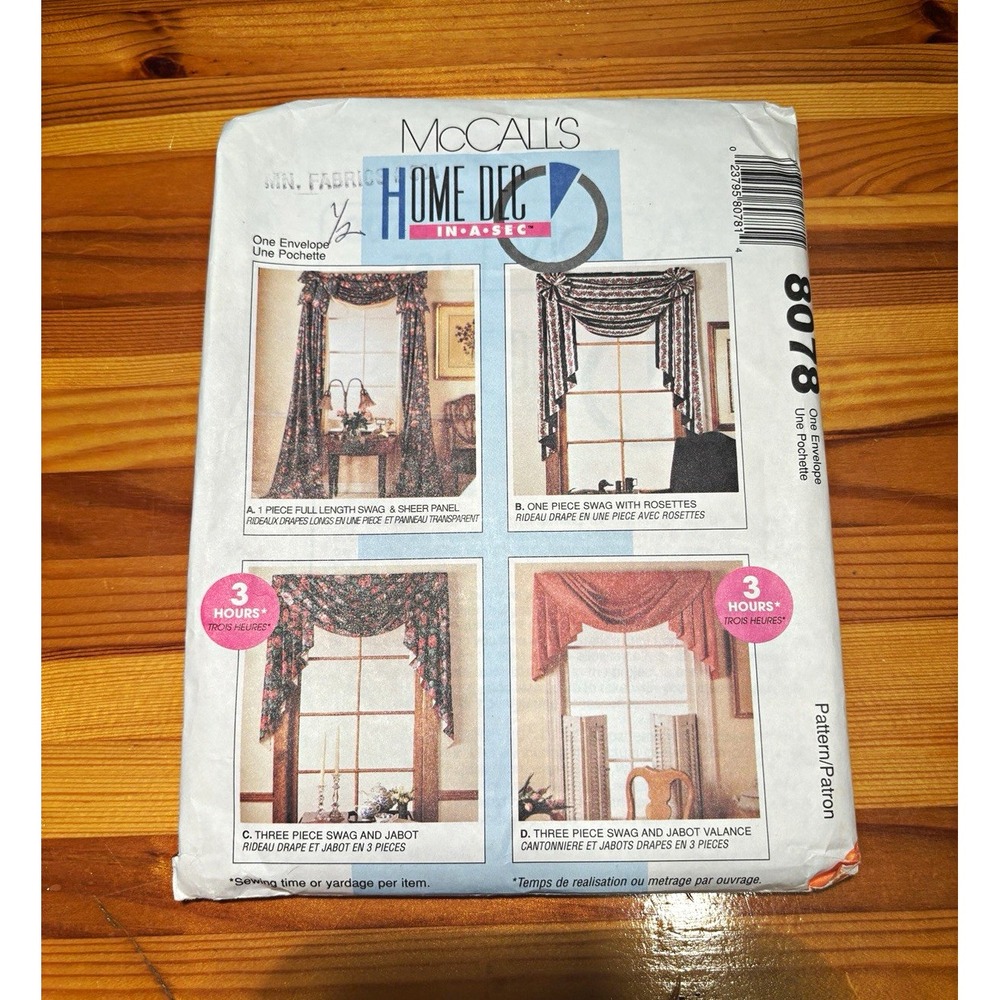 McCall's VTG 1990s Uncut 8078 Home Decor Curtain Swags Window Treatments